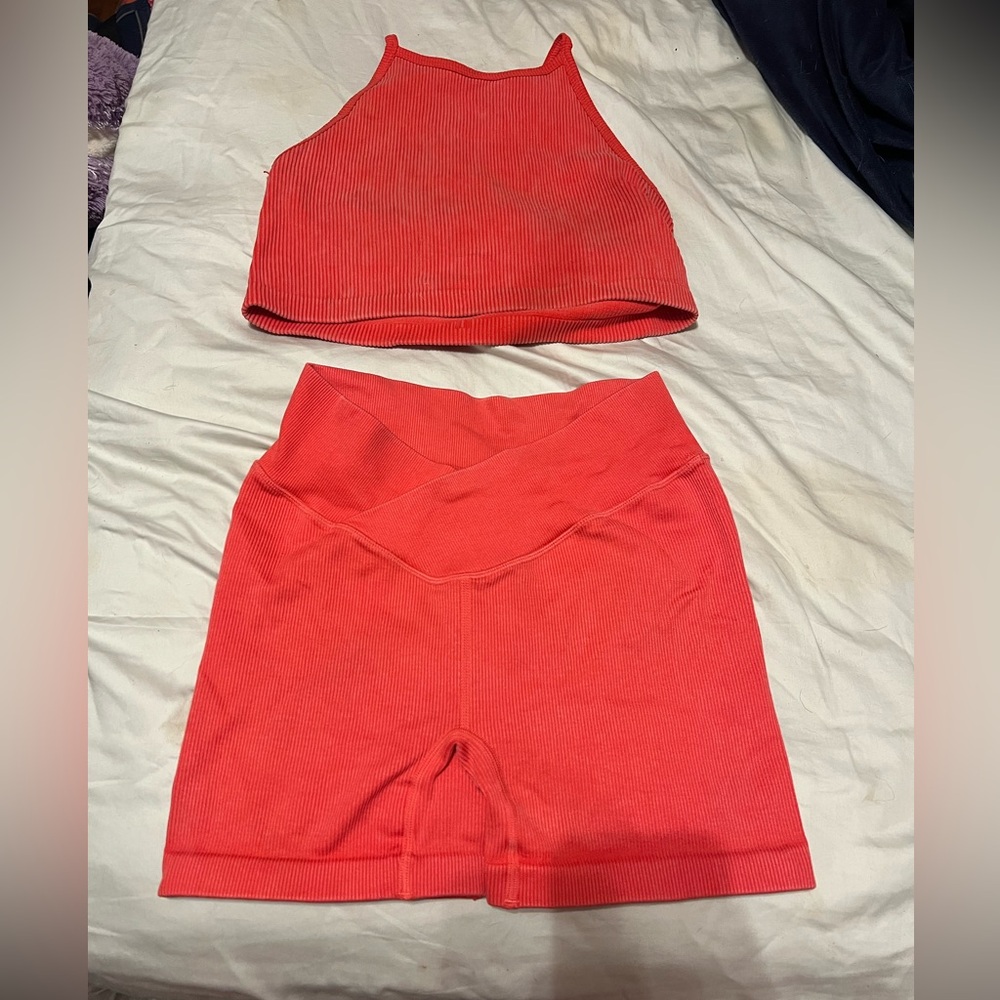 Women's Red Ribbed sports bra/shorts set